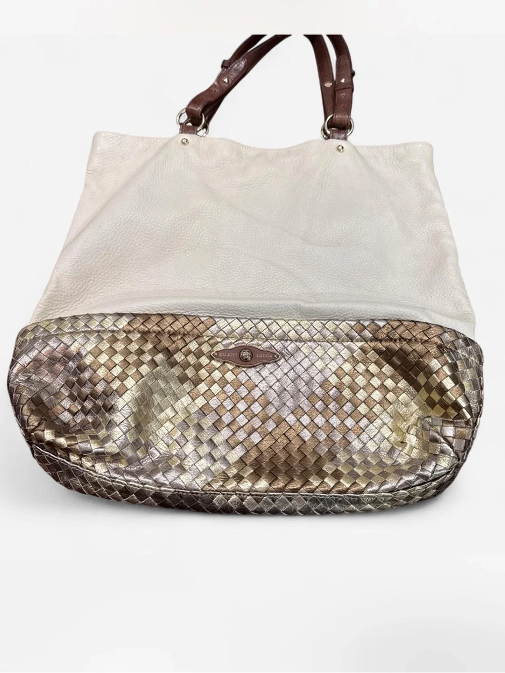 Elliot Lucca Cream Leather Tote Metallic Woven bottom Accent Brown Handles